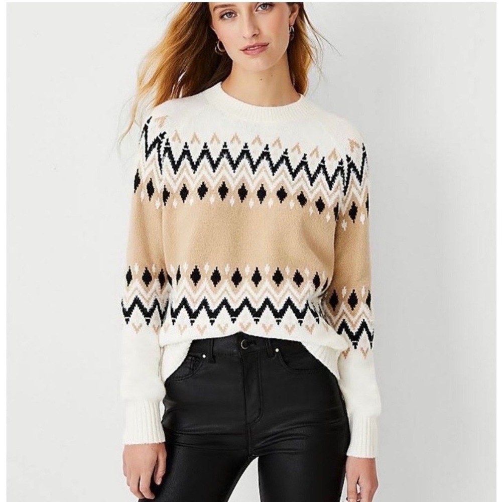Ann Taylor Women Small 'Whiskey Cream' Fair Isle Crew Neck Sweater  Geometric